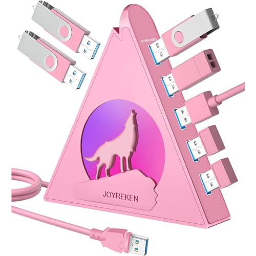 JoyReken Howling Wolf USB Hub - 7 USB 3.0 Ports - Pink - Plug and Play - 2ft/1.2m Long Cable, for Laptop, PC, Flash Drive, HDD, Console, Printer, Keyborad, Mouse and More(Charging Not Supported) - 7-Port USB 3.0 - Pink 1