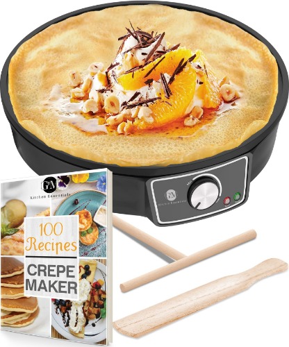 Crepe Maker Machine, Pancake Griddle – Nonstick 12” Electric Griddle – Pancake Maker, Batter Spreader, Wooden Spatula – Crepe Pan for Roti, Tortilla, Blintzes – Portable, Compact, Easy Clean - 