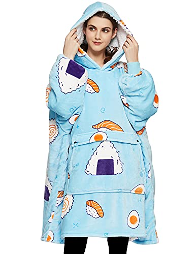 KFUBUO Wearable Blanket Hoodie for Adults Sherpa All Patterns Sushi Oversized Sweatshirt Blanket with Pockets Cute Birthday Gifts for Women - Blue Sushi - Adult