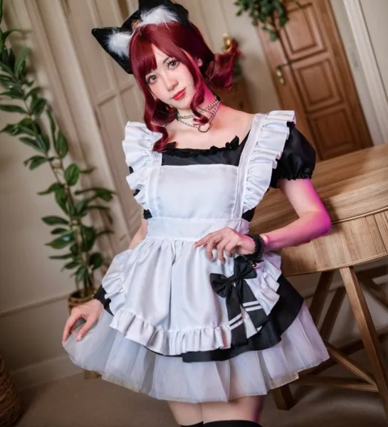 French Maid Dress Fancy Dress with Choker Fox Ear Tail Party Dress French Maid Cosplay Costume set of 8 pcs for Carnival Black White Pink