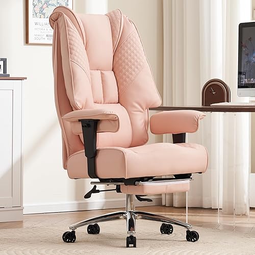 EXCEBET Big and Tall Office Chair 400lbs Wide Seat, Leather High Back Executive Office Chair with Foot Rest, Ergonomic Office Chair Lumbar Support for Lower Back Pain Relief (Light Pink) - Light Pink