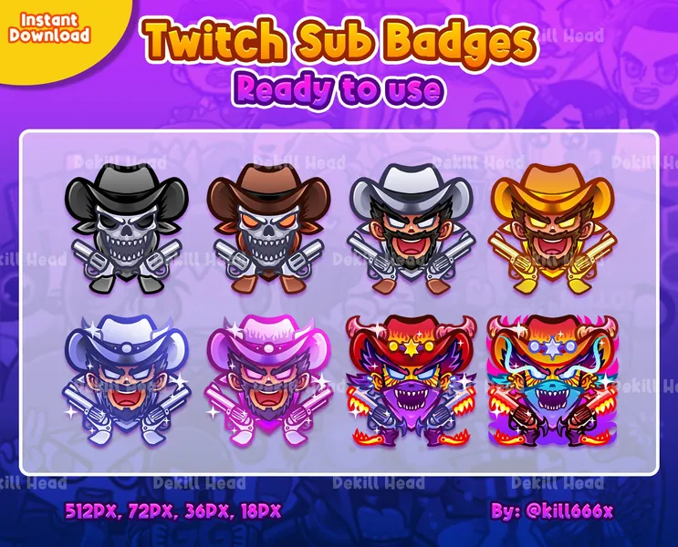 8 Sub Badges | Cowboy | Revolver | Wild West |  | Sheriff | Subscriber Badges | Stream Badges | Twitch Badges