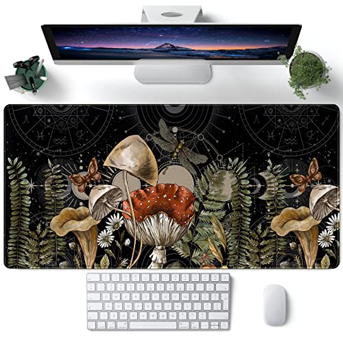 Cute Forest Witch Magic Mushroom Desk Mat Black Large Extended Mouse Pad XXL Desk Pad Gaming Mousepad Keyboard Mouse Mat for Computer Laptop 31.5''X15.7'' Non-Slip Rubber Base with Stitched Edges - A Black Mushroom