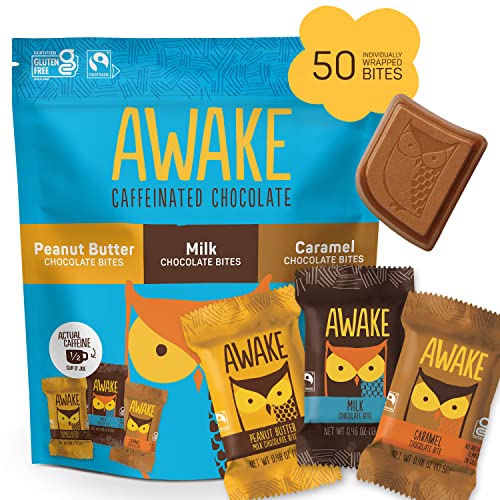AWAKE - Caffeinated Chocolate Bites - Coffee Alternative - Low Calorie Snacks - Bite Size Energy Bars - 50mg of Caffeine in Each Bite - Non GMO - Gluten Free - Variety Pack - 50 Bites - Variety