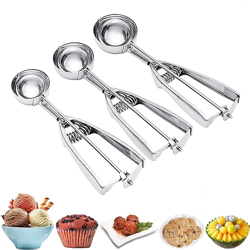 Ice Cream Scoop, 3Pcs Cookie Scoop Set, Stainless Steel Ice Cream Scooper with Trigger Release, Large/Medium/Small Cookie Scooper for Baking, Cookie Scoops for Baking Set of 3 with Cookie Dough Scoop…