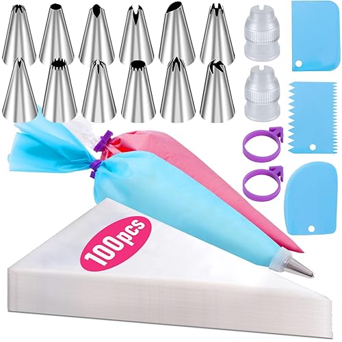Piping Bags and Tips Set, 100Pcs 12 Inch Pastry Bags, Icing Bags Disposable for Cakes Decorating Kit Supplies with 1 Reusable Piping Bags, 1 Couplers, 12 Frosting Tips, 2 Bag Ties, 3 Cake Scraper - 12 Inch with Tips