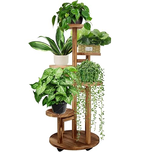 GEEBOBO 5 Tiered Tall Plant Stand for Indoor, Wood Plant Shelf Corner Display Rack, Multi-tier Planter Pot Holder Flower Stand for Living Room Balcony Garden Patio (Walnut) - walnut