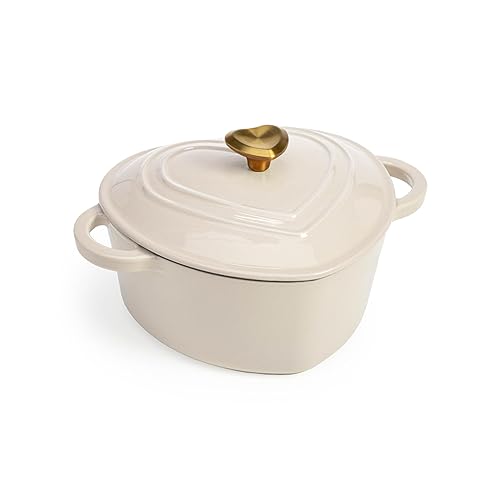 Paris Hilton Enameled Cast Iron Dutch Oven Heart-Shaped Pot with Lid, Dual Handles, Works on All Stovetops, Oven Safe to 500°F, 2-Quart, Cream - Cream - 2-Quart