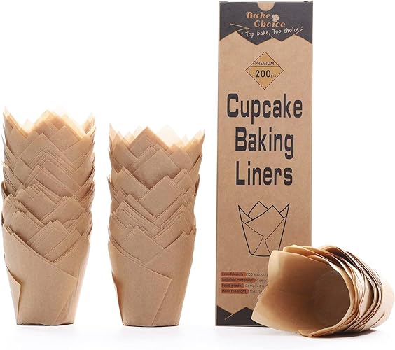 Bake Choice 200pcs Natural Tulip Cupcake Liners for Baking Cups Unbleached European Parchment paper Tulip Muffin Liners, Cupcake Wrapper for Party, Christmas - Standard