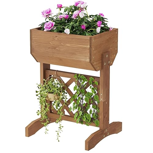 PULIJIAJU Raised Garden Bed, Standing Vertical Horticulture Planter Box for Backyard, Patio, Balcony, Planter for Flowers Herbs Vegetables for Indoor & Outdoo Decor with Trellis (Brown) - Brown