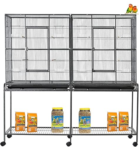 64" Extra Large Double Flight Bird Wrought Iron Double Cage Slide Out Center Divider Side Nesting Box Door Bird Parrot Cage Cockatiel Conure Bird Cage with Removable Rolling Stand Storage Shelf - 63"Lx19"Dx64"H - Black Vein