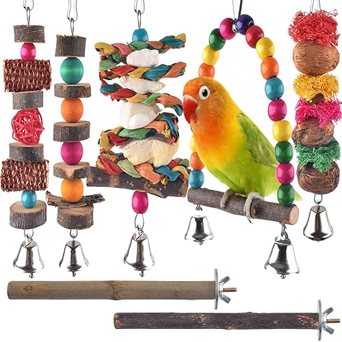 Bissap Bird Chew Toys, 7 Packs Parakeet Natural Wood Toys Parrot Hanging Cage Toy Bird Perch Stand for Small Bird Conure Cockatiel Parrotlet Lovebird Budgie - 7 PCS
