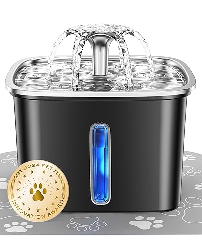 Veken Innovation Award Winner Stainless Steel Cat Water Fountain, 95oz/2.8L Automatic Pet Fountain Dog Water Dispenser with Replacement Filters & Silicone Mat for Cats, Dogs (Space Black) - Space Black+2 Filters+2 Sponges