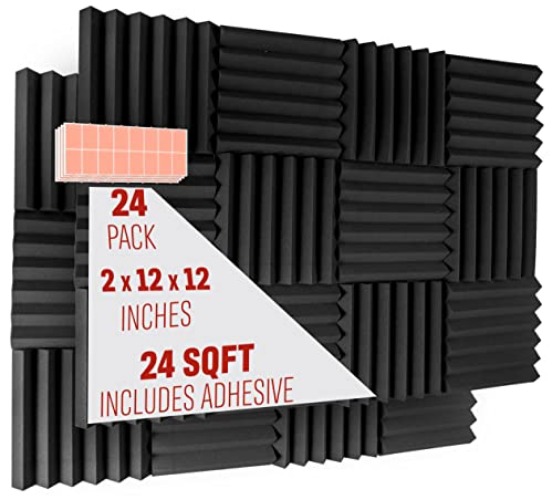 A2S 24 Pack 2-Inch Acoustic Panels w/Adhesive Stickers - Fireproof - SGS Certified - Sound Proof Foam Panels - Non Toxic - Top Quality - Ideal for Home & Studio Sound Deadening - High Density - Black 24 pack