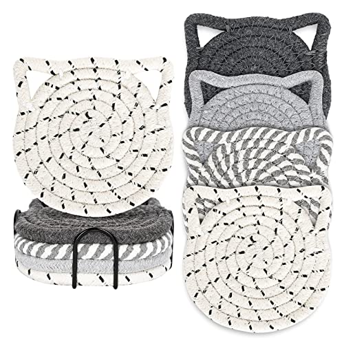 Whaline Valentine's Day Cat Ears Coaster Set Cat Ear Shape Handmade Braided Cotton Coasters White Grey Non-Slip Absorbent Drink Coasters with Holder for Birthday Housewarming Gifts Home Decor, 4Pcs - Gray