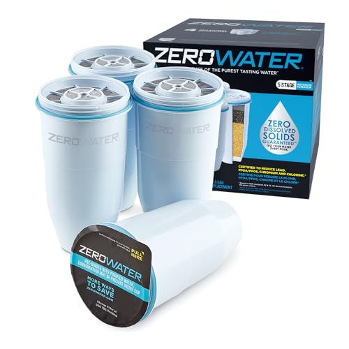 ZeroWater Official Replacement Filter - 5-Stage 0 TDS Filter Replacement - System IAPMO Certified to Reduce Lead, Chromium, and PFOA/PFOS, 4-Pack - 4-Pack - Filter