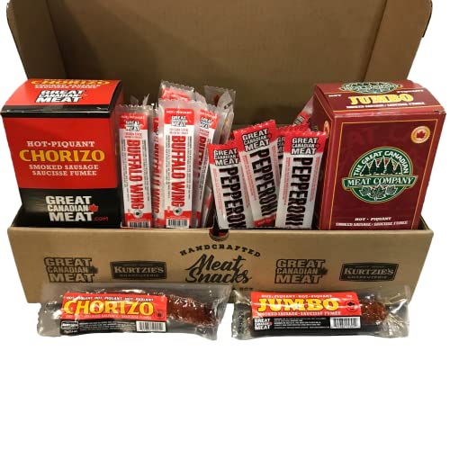 Hot & Spicy Meat Snack Bulk Box, Hot Pepperoni, Smoked Sausage, Buffalo Wing & Chorizo Meat Snacks by Great Canadian Meat, Meat Stick Snacks, Bulk Sausage Pepperoni Sticks Box For Carnivores. Perfect For Snacking, Gluten Free, High In Protein