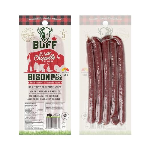 BUFF Bison Meat Sticks, Canadian-Raised, Grass-Fed Protein Snack, 5 Sticks Per Pack, Chipotle, 125g - Chipotle