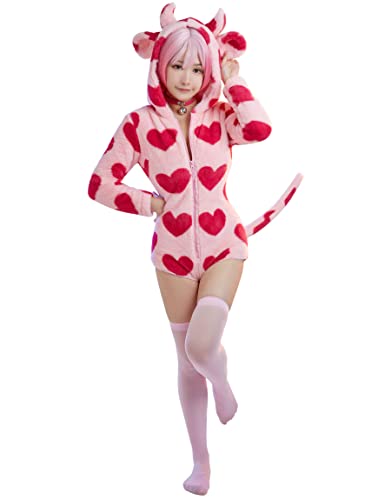 MEOWCOS Women Kawaii Cow Style Romper Onesie Pyjamas Bodysuit Heart Print Long Sleeve Zipper Hoodie Bodycon Jumpsuit Sleepwear with Choker and Socks - XL - Pink