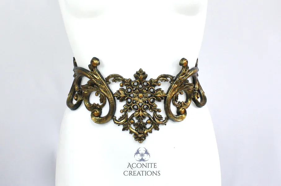 Gold Filigree Latex Belt Metallic Rubber Steampunk Gothic Fairy Elf Baroque Victorian