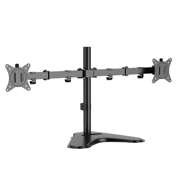 Mount-It! Dual Monitor Stand for Desks, Dual Monitor Arm Fits 2 Monitors max. 32" / 19.8 lbs, Full Motion Adjustment Monitor Stand with Sturdy Freestanding Base, Incl. Smartphone Slot, Black