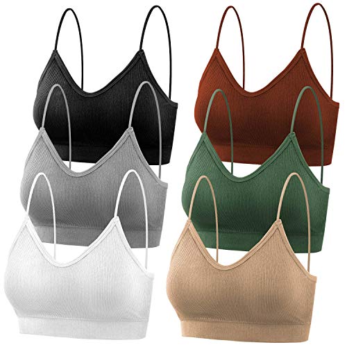 selizo Padded Bralettes for Women, 6 Pcs Sports Bras for Women Pack, V Neck Cami Bando Bra for Women Girls - Medium-Large - Black, White, Green, Gray, Beige, Caramel