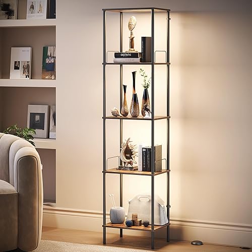 SUNMORY Display Shelf with Dimmable Lights, Lighted Display Cases for Collectibles, Adjustable Color Temperature and Brightness, Display Cabinet, Floor Lamp with Shelves, Home Decor, Rustic Brown - Rustic Brown