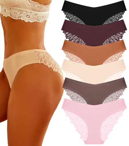 FINETOO 6 Pack Sexy Underwear for Women Silky Seamless No Show Panties Ladies Lace Bikini Lightweight Cheeky Hipster - X-Large - Black & Grape Purple & Brick Yellow & Mocha Gray & Apricot & Pink