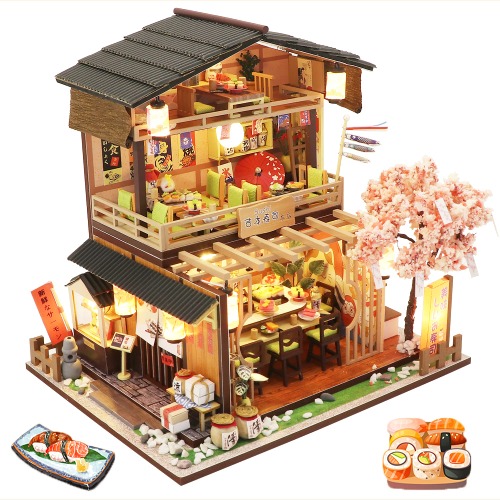 Spilay DIY Dollhouse Miniature with Wooden Furniture,Handmade Japanese Style DIY Dollhouse Kit with Dust Cover & Music Box & Tools,1:24 3D Creative Room Gift Idea for Adult Friend Lover(New Gibon Sushi) - Gold