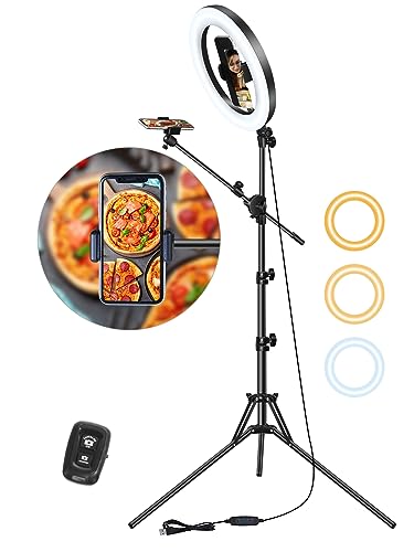 LUXSURE Selfie Ring Light with Stand for Phone, Ring Light Tripod for iPhone, Overhead Phone Mount 10.5" with Phone Stand and Remote, Phone Tripod with Light for Video Recording/Live Streaming/Cooking - Floor