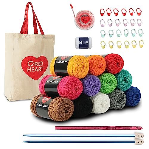 Red Heart Super Saver Yarn Stitchers Kit, 12 Balls, 1 Tote Bag, 1 Knitting Needle, 1 Crochet Hook, 1 Measuring Tape, 1 Knit Counter - Super Stitchers Kit