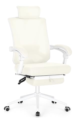 Misolant Ergonomic Office Chair with Footrest, Ergonomic Desk Chair with Adjustable 2D Lumbar Support, High Back Office Chair with Adjustable Headrest, Comfortable Leather Office Chair - Beige/Cream