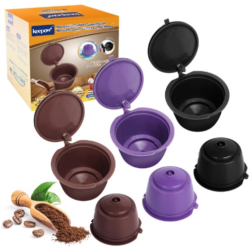 KEEPOW Cápsulas de café reutilizables compatibles con la máquina Nescafe Dolce Gusto, cápsulas de café recargables, paquete de 6 (2 x negro + 2 x café + 2 x morado)