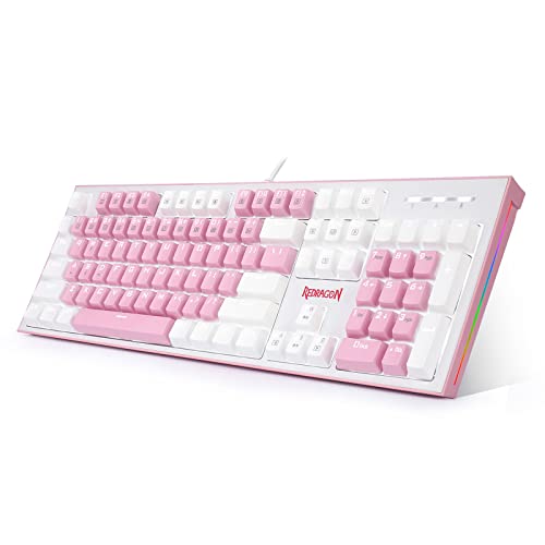 Redragon K623 Dual Color Keys Mechanical Gaming Keyboard Single White LED + RGB Side Edge Backlit 104 Key Wired Computer Keyboard with Blue Switches for Windows PC (Pink + White) - Pink + White