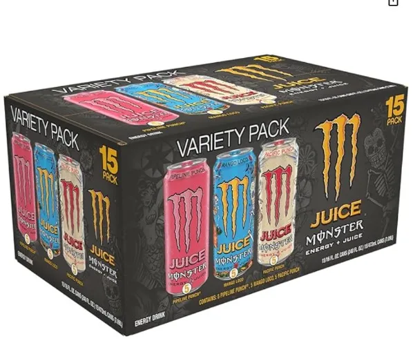 Monster Energy Juice Monster Variety Pack, Pipeline Punch, Mango Loco, Pacific Punch, Energy+Juice, Energy Drink, 16 Ounce (Pack of 15) - Papillon, Pacific Punch, Mango Loco - 15 Pack