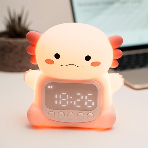 IHALO Axolotl Réveil doux Axolotl, veille-nuit Axolotls Table de chevet pour enfants, en silicone, lampe de nuit pour enfants, rechargeable, deux réveils, date, heure, décoration de chambre pour bébé