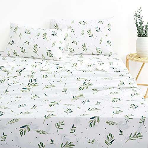 Wake In Cloud - Tree Leaves Sheet Set, 100% Cotton Bedding, Cottagecore Green Botanical Plant Leaves and Dots Modern Pattern Printed on White (4pcs, Full Size) - Full
