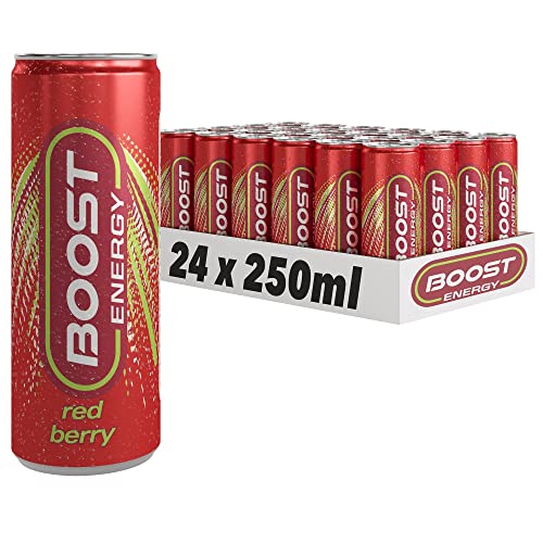 Boost Energy Drink Red Berry Flavour, 250ml x 24 pack, Vegan Friendly Great Tasting Energy Boost, Less than 60 kcals, Taurine Carbonated Drink with Added B Vitamins and Caffeine - Red Berry - 250 ml (Pack of 24)
