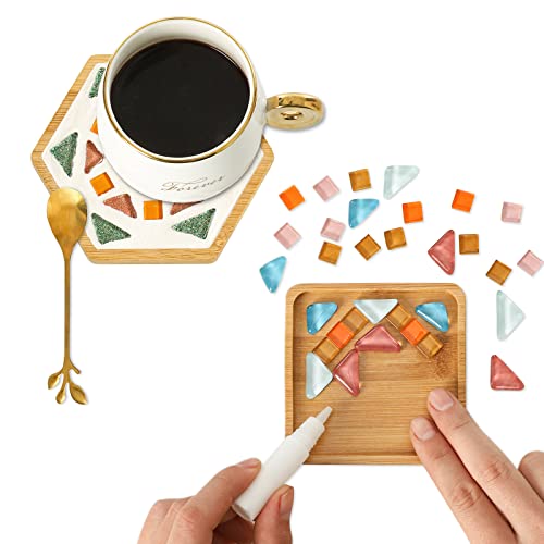 2 Sets Glass Mosaic Tiles, Mosaic Kit with Wooden Coaster, Mixed Colors Mosaic Glass Pieces DIY Crafts Material Package Supplies for Coaster Handmade Home Decor Gifts