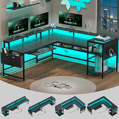SEDETA L Shaped Gaming Desk, Reversible Computer Desk, Gaming Desk with Power Outlets & LED Strip, Monitor Shelf, Keyboard Tray, Pegboard and Storage Shelves for Home Office, Black - Black
