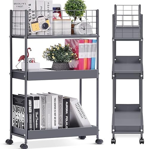 KINGRACK Slim Storage Rolling Cart, 3-Tier Metal Utility Cart with Wheels, Rolling Storage Cart, Skinny Storage Rolling Cart, Storage Trolley Cart for Office Kitchen Bathroom Narrow Place, Grey - Grey - 3-Tier