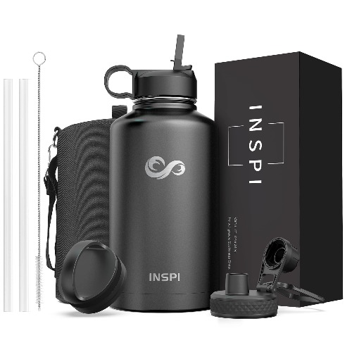 Water Bottle Insulated 64oz, INSPI Stainless Steel Water Bottle with Straw & 3 Lids, Half Gallon Large Water Jug Wide Mouth, 64 oz Triple Wall Vacuum Hydro Jug, Keep Cold for 48Hrs Flask, Black - Magic Black 64 oz