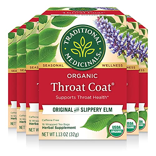 Traditional Medicinals Tea, Organic Throat Coat, Supports Throat Health, 96 Tea Bags (6 Pack) - Throat Coat Original - Pack of 6