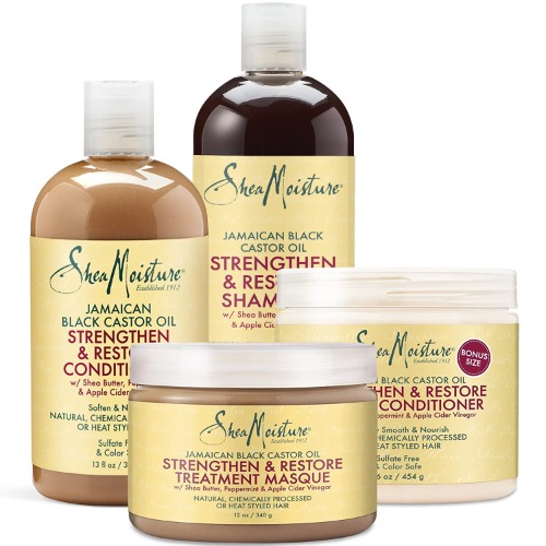 Shea Moisture Strengthen Grow & Restore Combo Bundle, Includes - 16 Ounce Jamaican Black Castor Oil Shampoo | 16 Ounce Leave-In Conditioner | 13 Ounce Conditioner | 12 Ounce Treatment Masque - 
