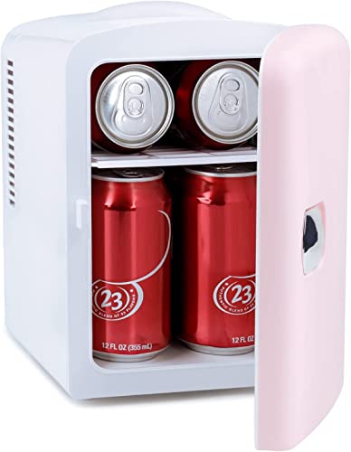 PERSONAL CHILLER Portable Mini Fridge Cooler and Warmer, 4 Liter Capacity Chills Six 12 oz Cans, Snacks, and Skincare Products, A/C Operation, 100% Freon-Free - Pink