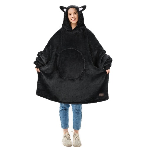 Oversized Blanket Sweatshirt, Super Soft Warm Cozy Wearable Sherpa Hoodie for Adults & Teens, Reversible, Hood & Large Pocket, One Size - Black Cat - One Size