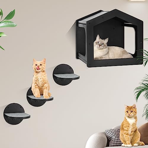 Cat Wall Shelves, Cat Shelves and Perches for Wall, Cat House Fit Cat Up to 25Lbs, 1 Cat Condo House and 3 Large Cat Steps with Scratching Pad, Cat Climbing Shelf for Indoor, Cat Wall Furniture - Black
