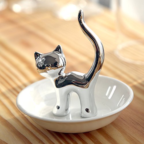 PUDDING CABIN Cat Ring Holder Cat Gift for Women Birthday, Cat Trinket Dish for Rings Earrings Organizer, Cat Lovers Gift for Mom, Funny Cat Themed Gifts for Girls Friends Valentine - Sliver Cat