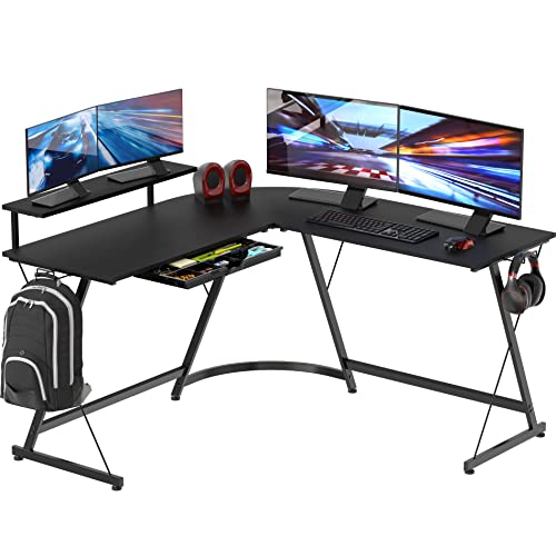 SHW Vista L-Shape Desk with Monitor Stand, Black - L-Shaped - Black