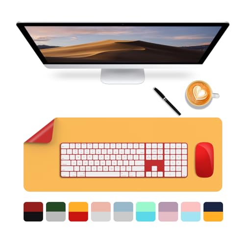 Leather Desk Pad Protector,PU Leather Dual Side Large Mouse Pad, Non-Slip and Waterproof Writing Mat 31.5" x 11.81", Laptop Desk Table Protector for Office Work and Home Decoration (Red + Yellow) - 31.5" x 11.81" - 31.5" X 11.81" Red + Yellow